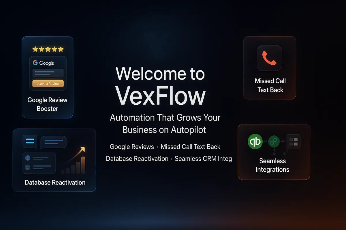 A panoramic, cinematic image of a sleek, modern office at night, illuminated by obsidian and neon blue lighting. Glass walls reflect glowing digital dashboards. A diverse group of business owners, dressed in luxury attire, discuss automation strategies around a luminous glass table. The atmosphere is futuristic, elite, and high-tech.