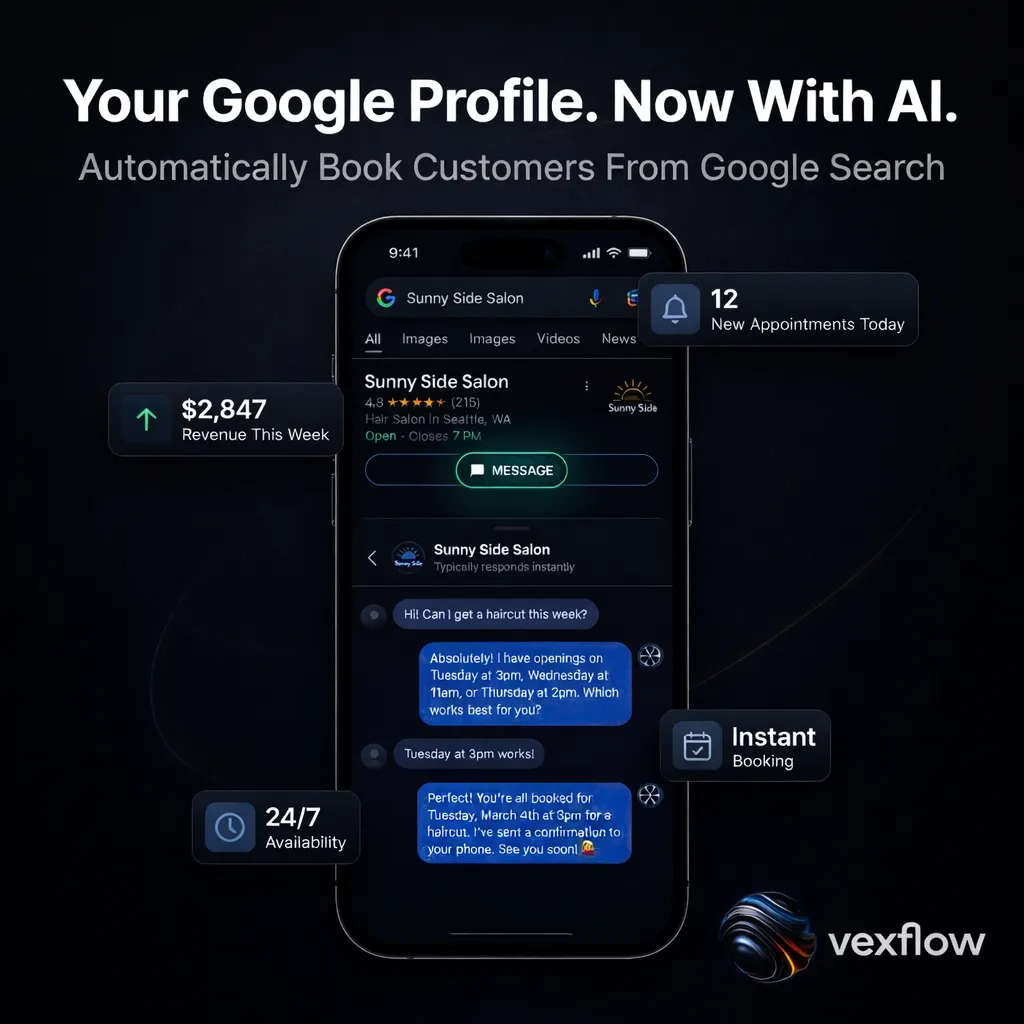 A flat-style illustration showing a small business owner in a modern office, glancing at a smartphone displaying a new text message notification after a missed call. The background features subtle office elements, and the color palette uses blue gradients to match the brand.