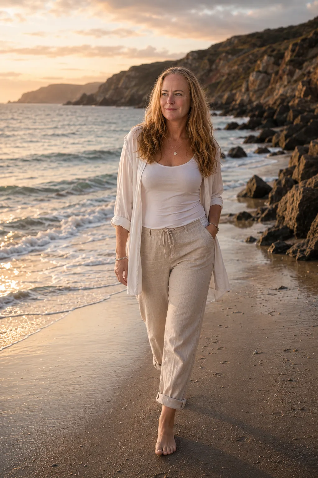 Toni walking on the beach at sunset