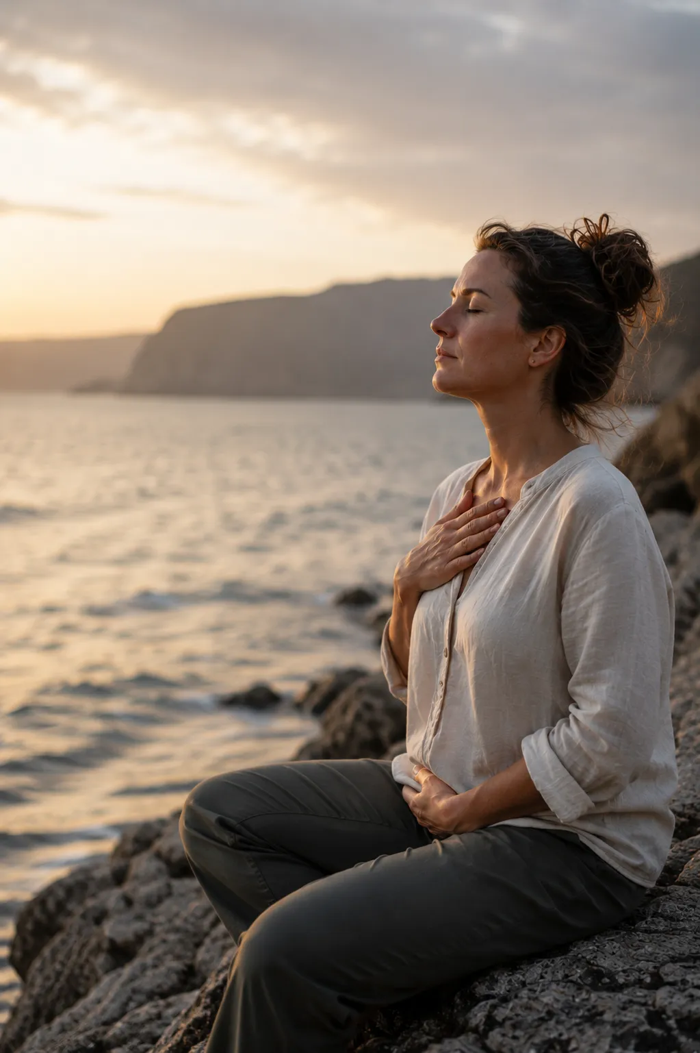 A woman sitting cross-legged on coastal rocks at sunset, eyes closed, hand resting on her chest in a breathwork practice, representing subconscious somatic release.