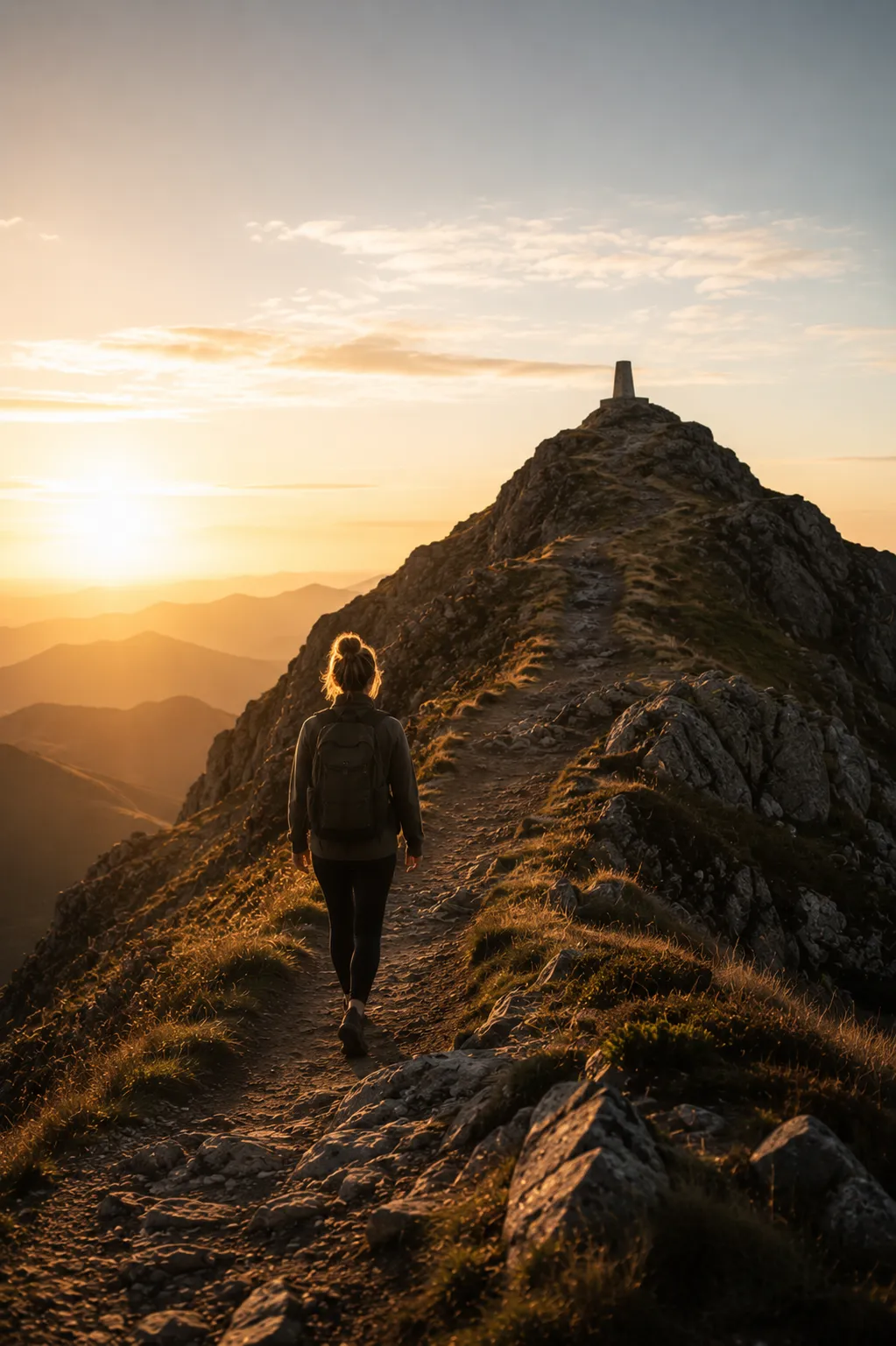 A woman walking along a mountain ridge path towards a summit marker at sunrise, representing the continued, expansive journey of Advanced Belief Coding.he brain