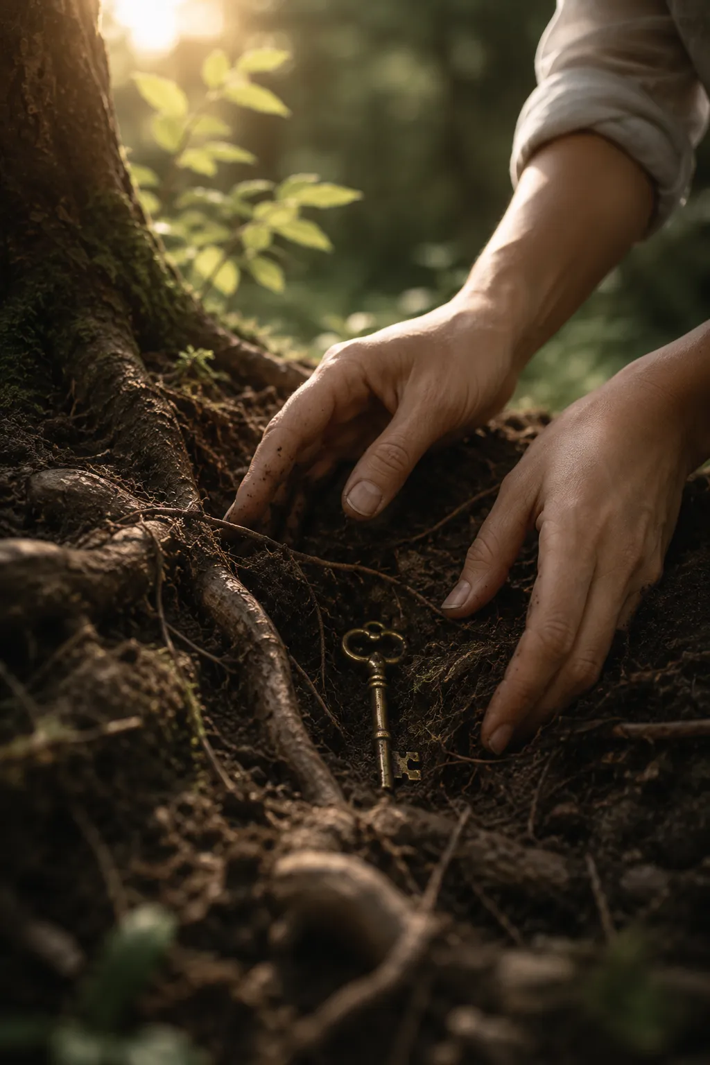 Close-up of hands gently uncovering an old key nestled among tree roots in dappled forest light, symbolising the hidden subconscious pathways at the root of Belief Coding.