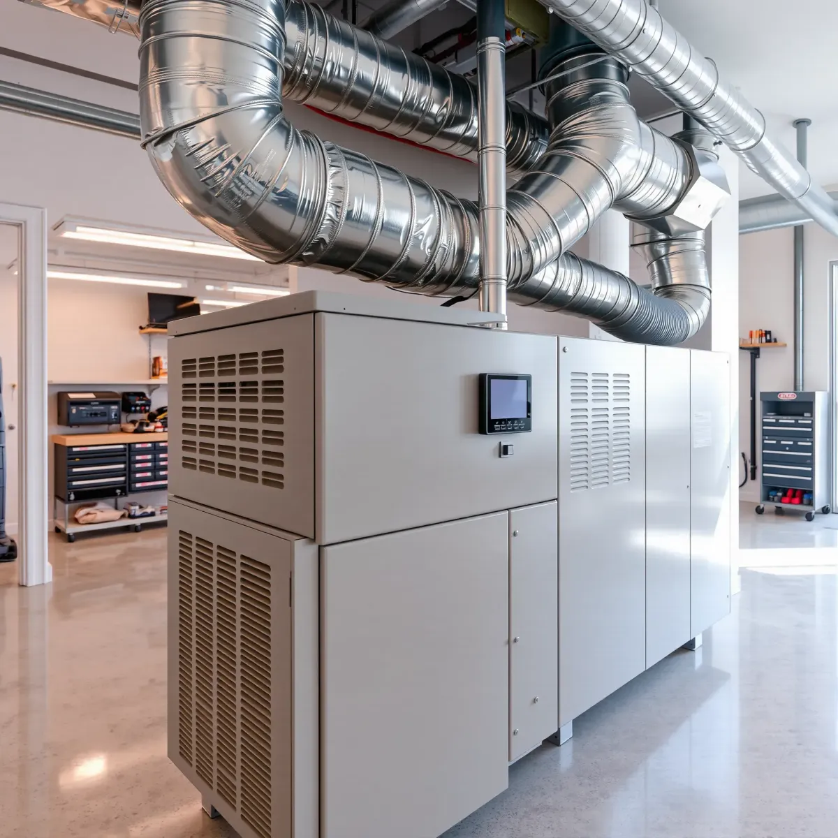 HVAC system in a clean North Richland Hills utility room with metallic ducts, modern thermostats, and organized tools.