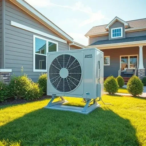 Repaired outdoor air conditioning unit on modern home in Argyle TX with lush lawn and sunny sky