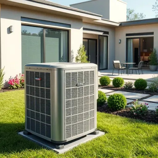 Modern residential backyard in River Oaks, TX with a professional HVAC unit, vibrant landscaping, and a sleek house exterior.