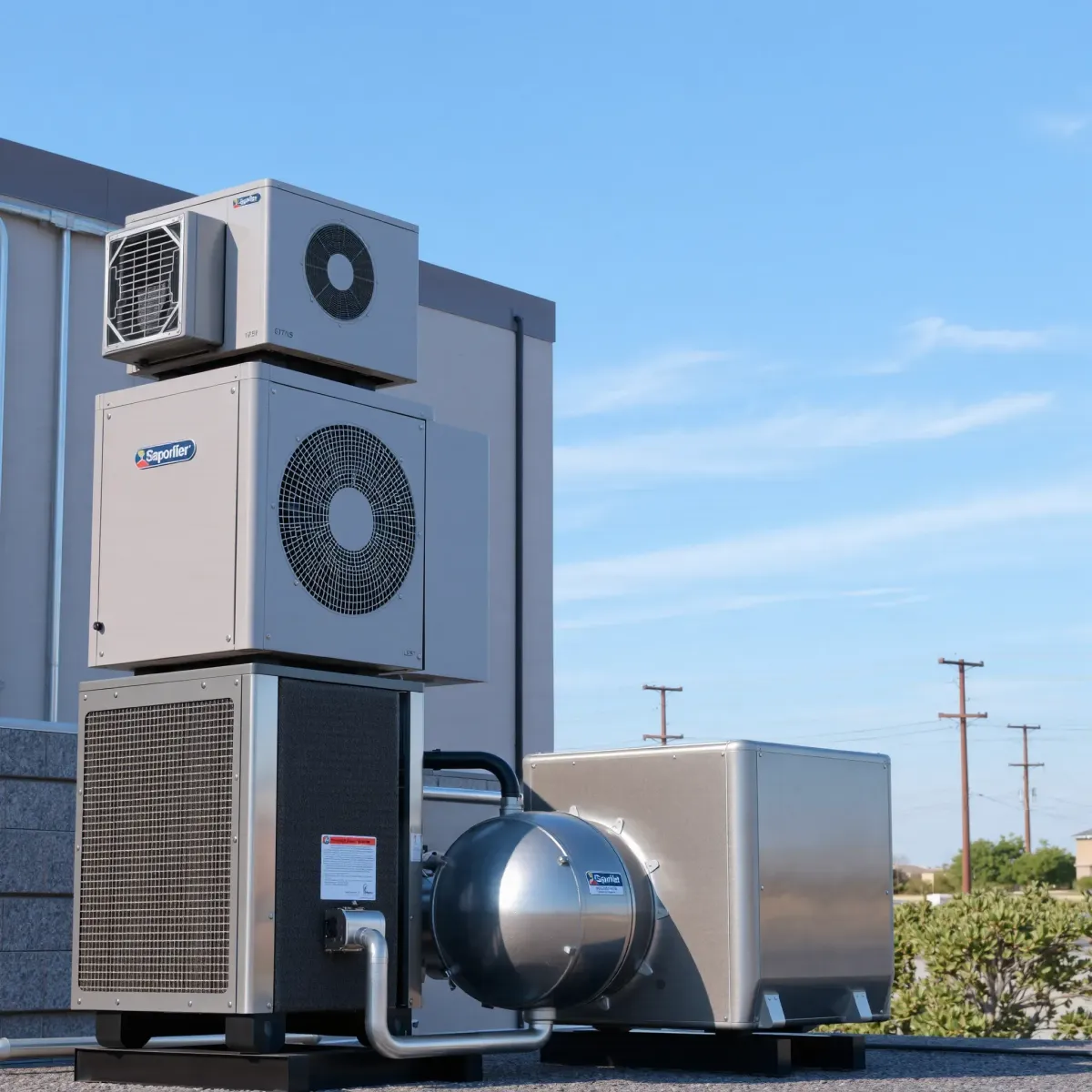 Detailed outdoor HVAC equipment in Saginaw, TX, including rooftop units, compressors, and connecting lines with Texas landscape.
