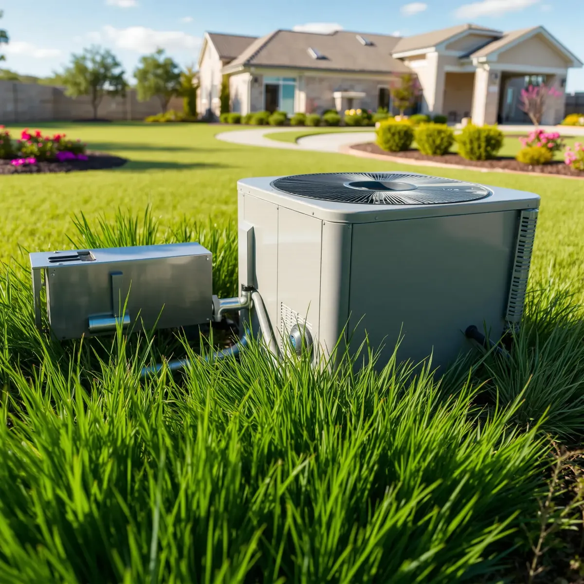 Freshly repaired AC unit on a modern outdoor wall in Willow Park, TX, with tools and a lush green yard background.