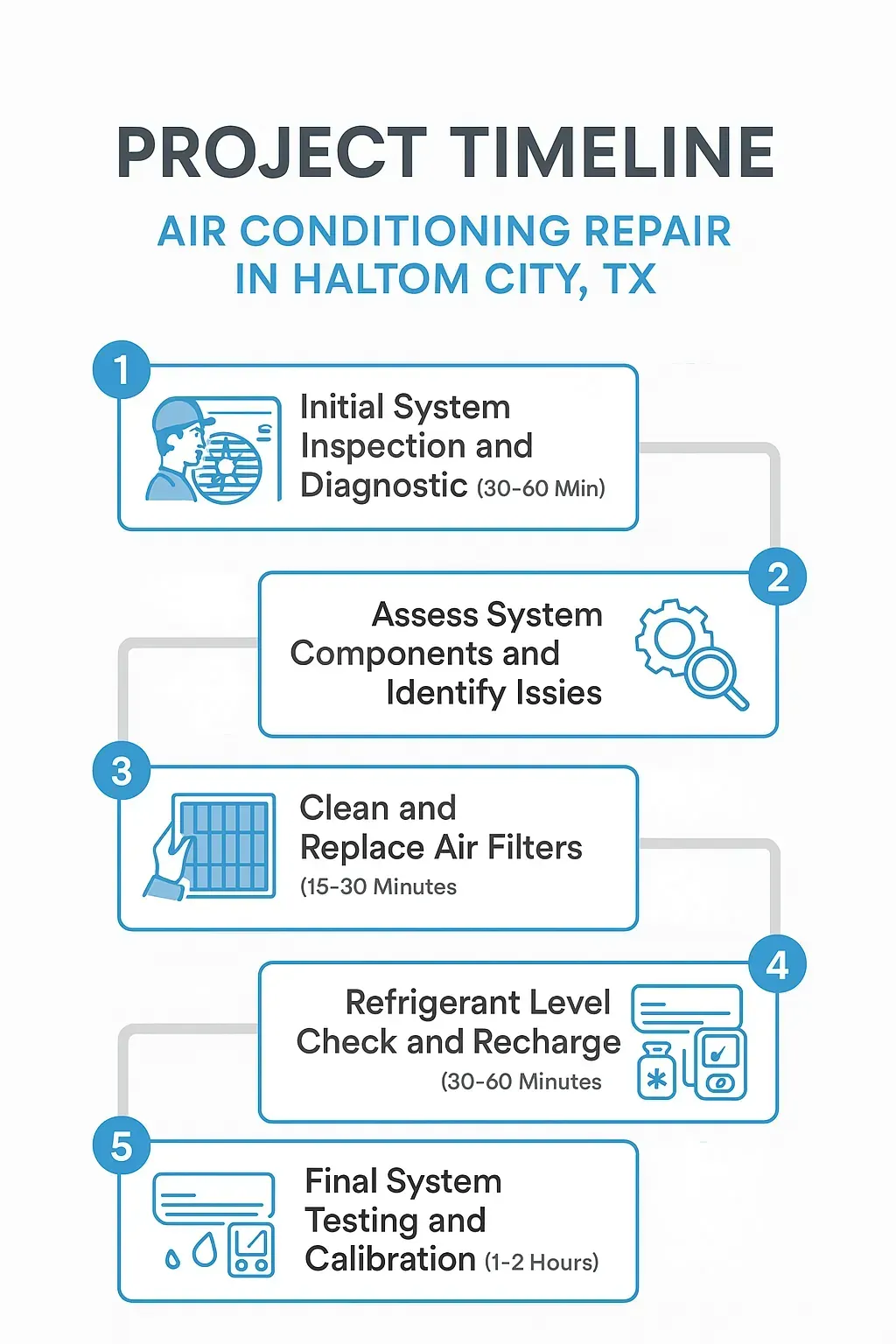 Infographic illustrating 5-step air conditioning repair timeline in Haltom City, TX, with icons and durations.