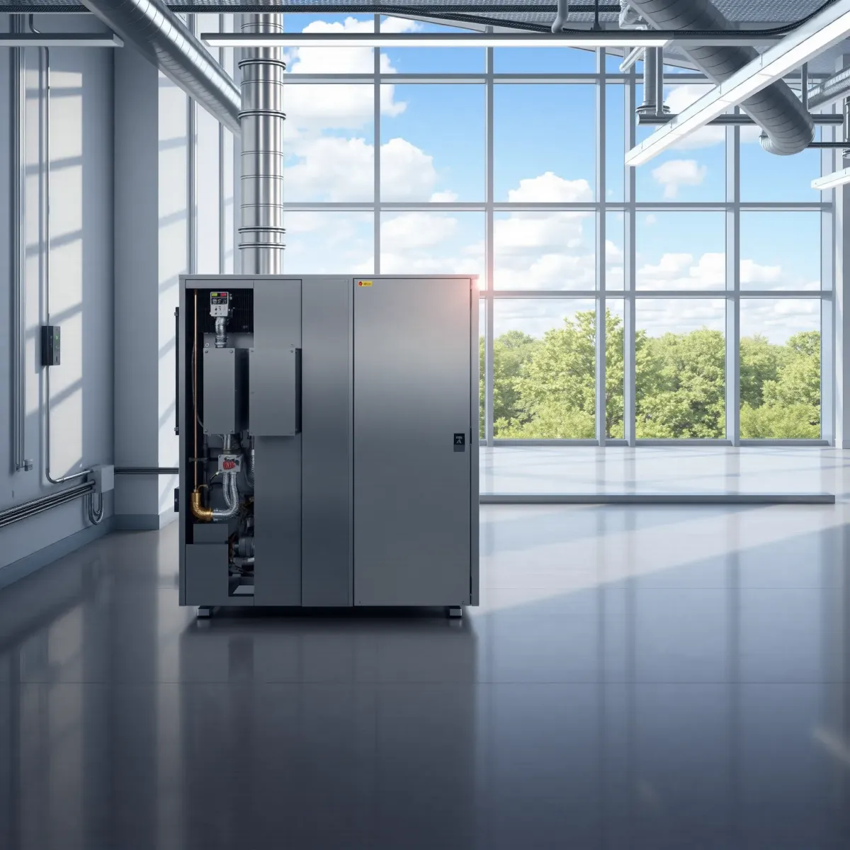 Modern commercial HVAC system in a sleek, well-lit mechanical room with ductwork and large windows in Richland Hills, TX.
