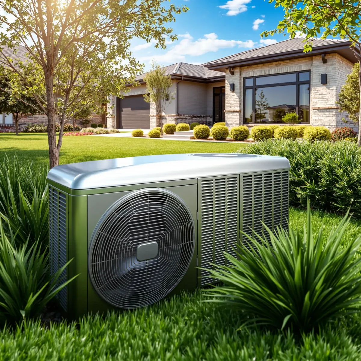 Outdoor HVAC system installed in Saginaw, TX yard with modern metallic design, lush greenery, and a suburban home background.