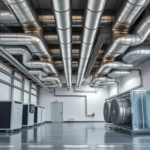 Clean stainless steel air duct system with organized HVAC equipment in a modern industrial room