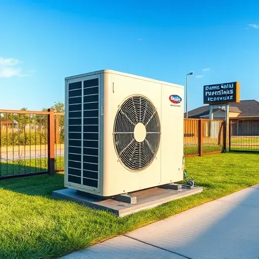 Outdoor modern air conditioning unit in Kennedale, TX, with landscaped yard, fencing, tools, and clear blue sky.