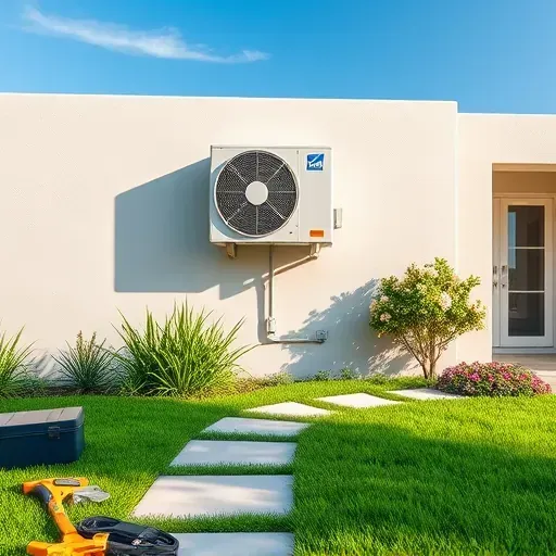 Modern exterior view of a sleek air conditioning unit on a suburban home in Pecan Acres, TX, surrounded by green landscaping.