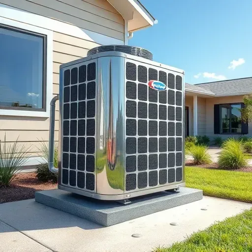Fully serviced outdoor air conditioning unit in Blue Mound TX with modern design, green landscaping, and a residential backdrop