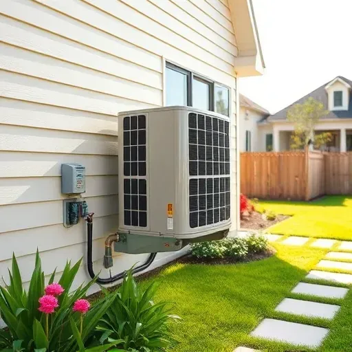 Repaired outdoor energy-efficient air conditioning unit on a clean house wall in River Oaks TX with landscaping and sunlight