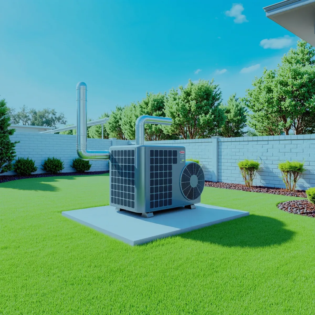 HVAC system with modern ductwork and high-efficiency condenser in a well-maintained backyard in Blue Mound, TX.