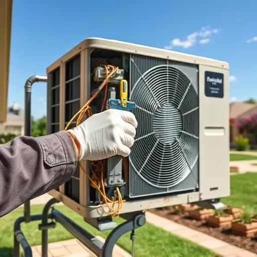 Outdoor HVAC repair scene in Hickory Creek TX with a technician's hands inspecting a modern metal unit against a clear blue sky