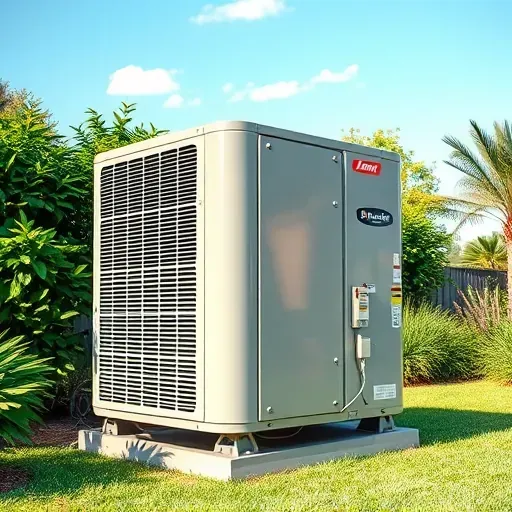 Serviced outdoor air conditioning unit in Watauga TX with lush green foliage, blue sky, and neat concrete pad showcasing professional HVAC maintenance