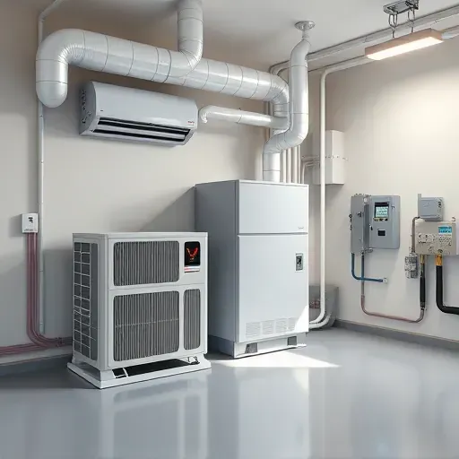 Completed HVAC system in a clean, organized utility room with modern AC, furnace, ductwork, and digital thermostat.