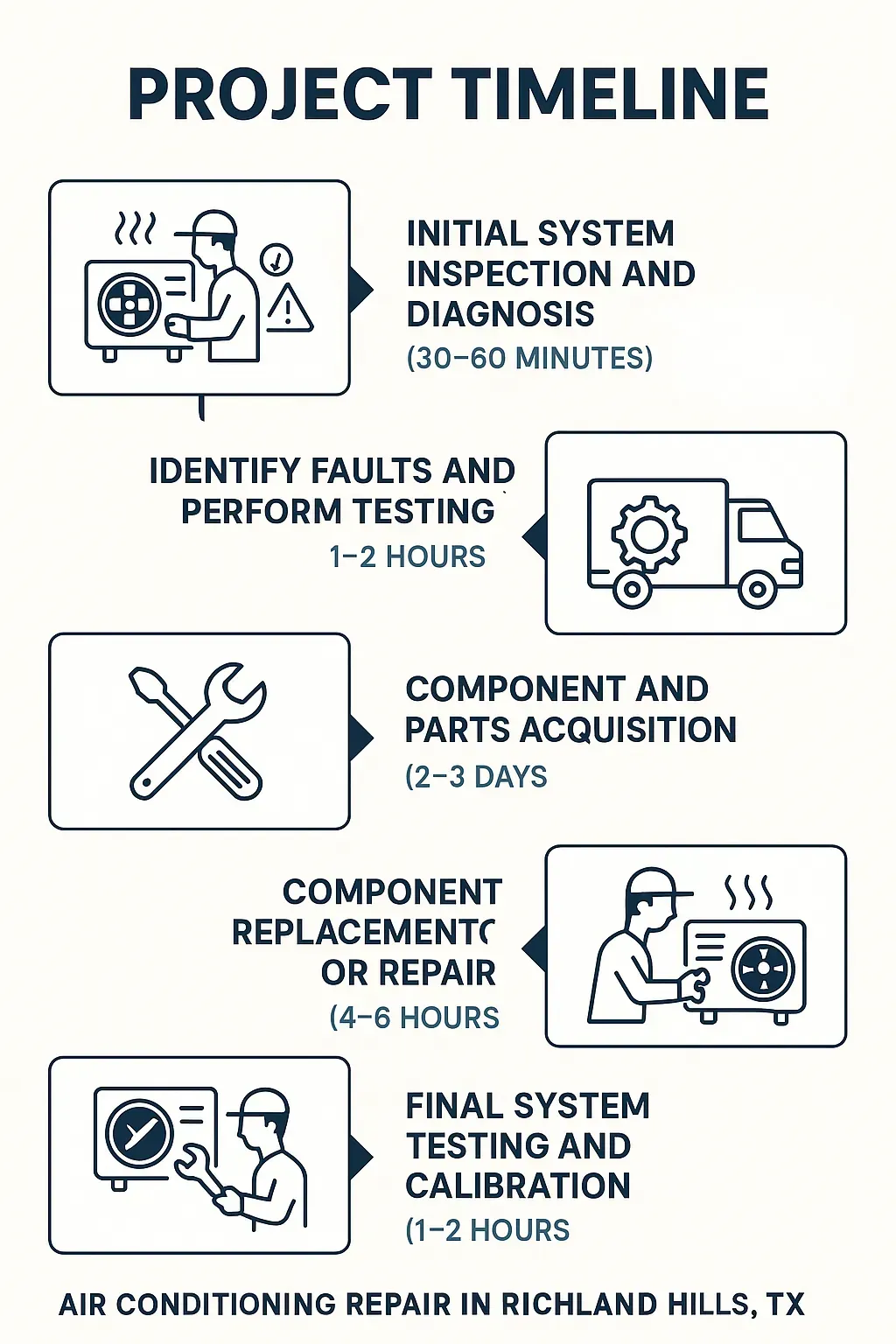 Infographic showing 5-step AC repair timeline in Richland Hills, TX: inspection, diagnosis, testing, parts, repair, testing.