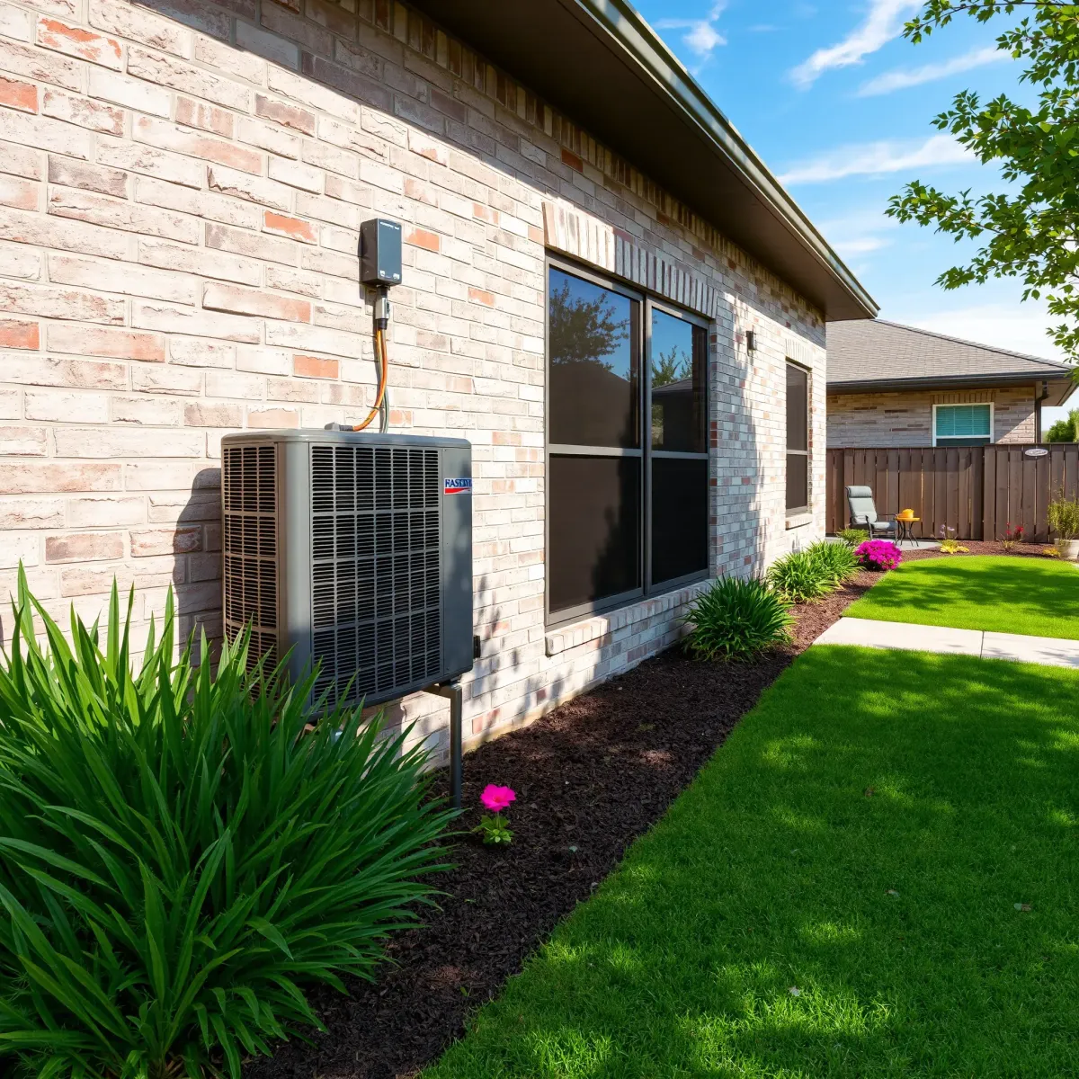 Outdoor AC unit with tools on a towel, ladder, and Texas landscaping in Pecan Acres, TX, during a sunny day.