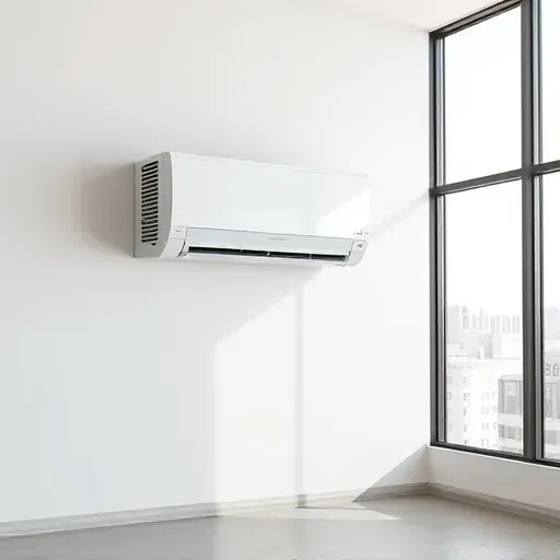 Modern ductless air conditioning unit on a neutral wall in a stylish room with Fort Worth skyline view