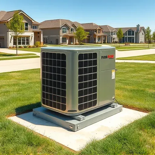Outdoor high-efficiency HVAC system in Justin, TX, installed on a concrete pad amid lush landscape and modern suburban homes.