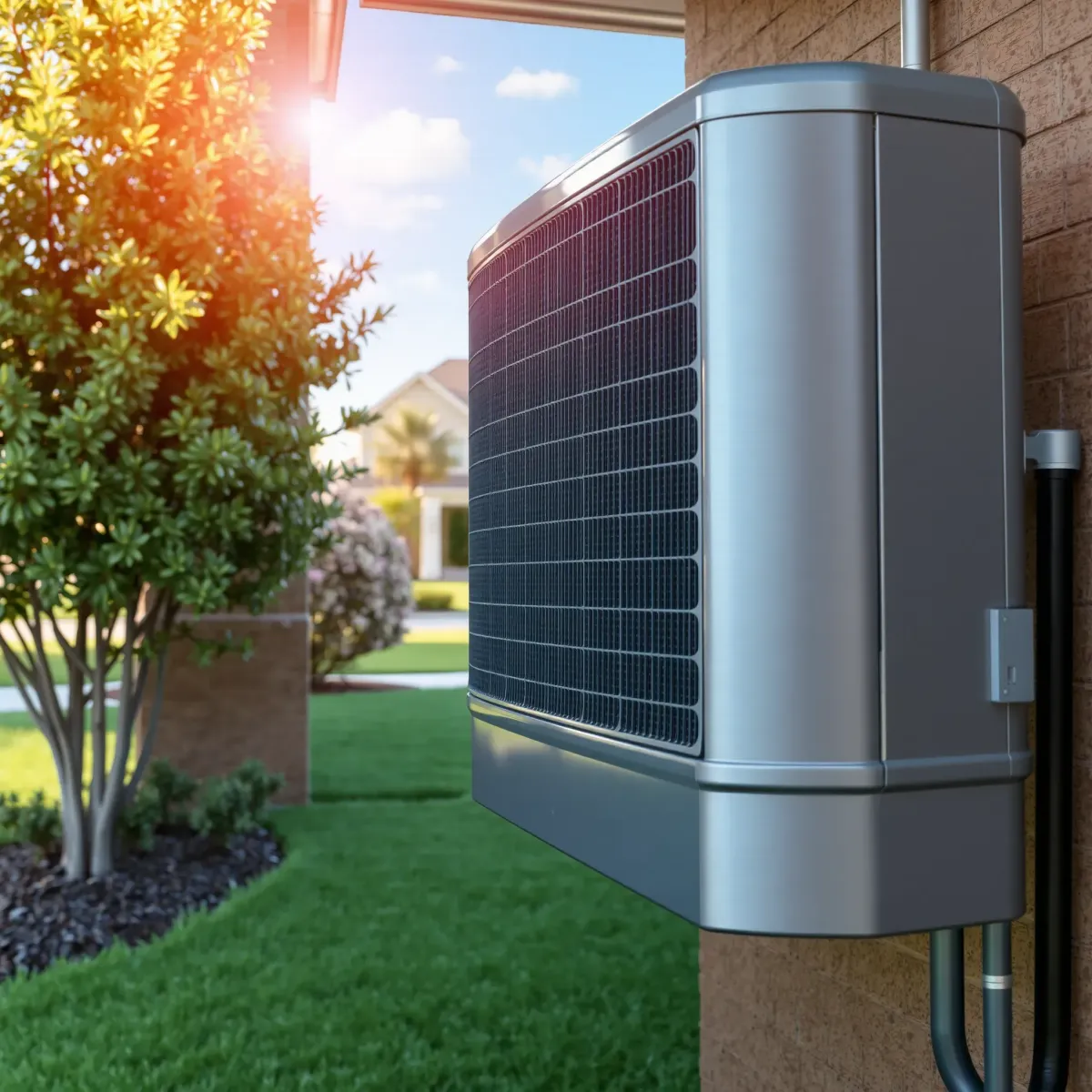 Freshly repaired outdoor air conditioning unit installed outside modern Northlake, TX home with lush yard, stylish house, and bright sky.