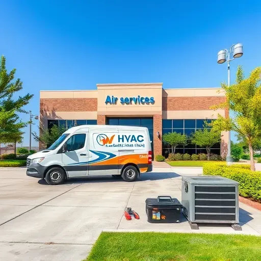 Air conditioning repair service vehicle parked outside a modern commercial building in Everman TX with a company logo and repair tools.