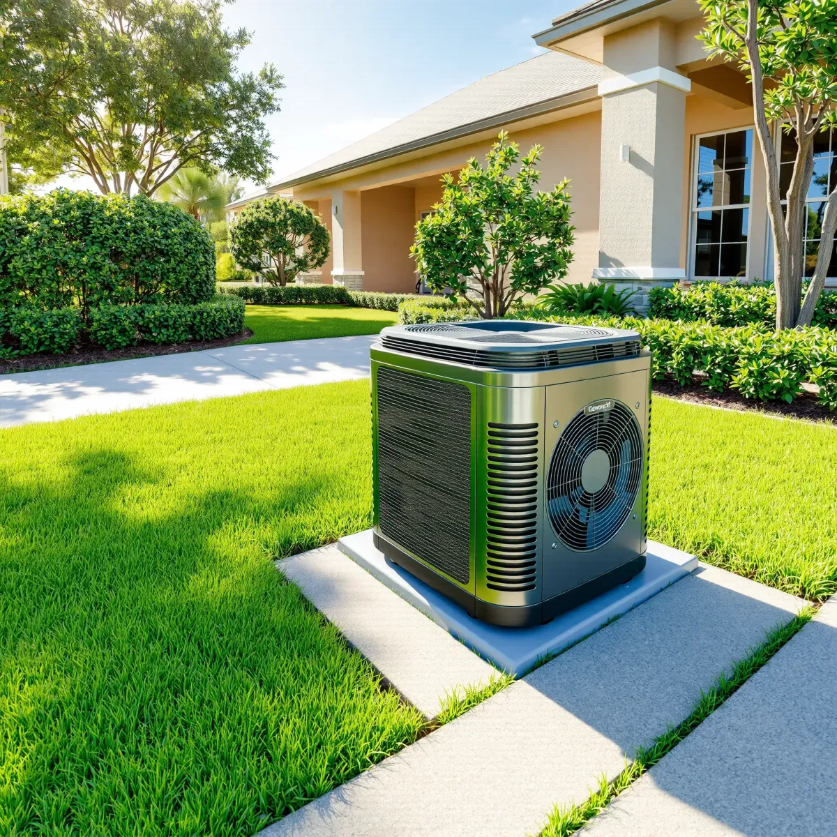 Modern government-grade HVAC unit with metallic finish on a concrete pad, surrounded by green lawn and residential home.