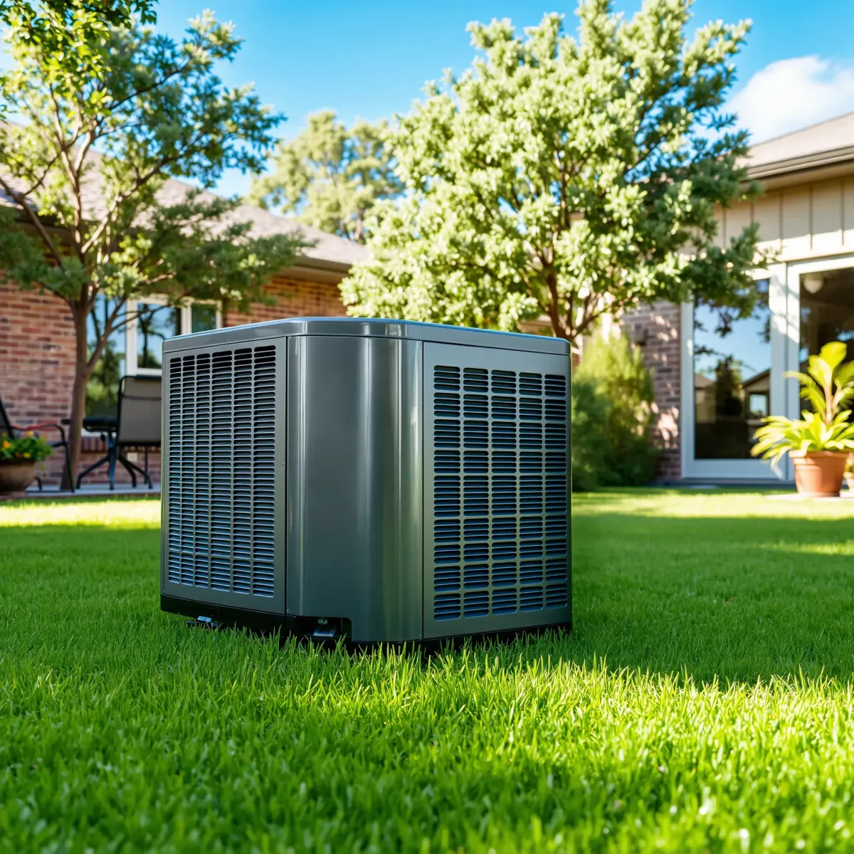 Outdoor Aledo TX air conditioning unit with tools, Texas-style home and desert landscaping under sunny skies.