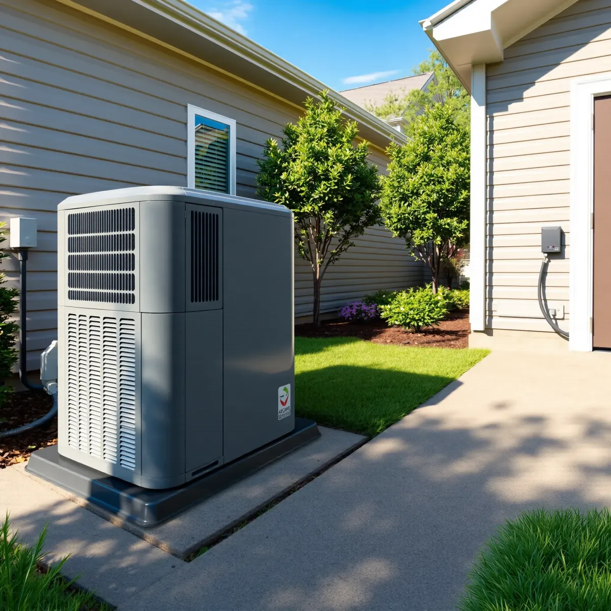 Freshly repaired outdoor air conditioning unit on a well-maintained Texas home, with green landscaping and clear blue skies.