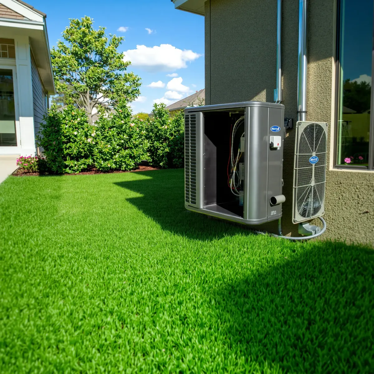 Outdoor air conditioning unit on a landscaped Lake Dallas yard with repair tools nearby under clear blue skies.