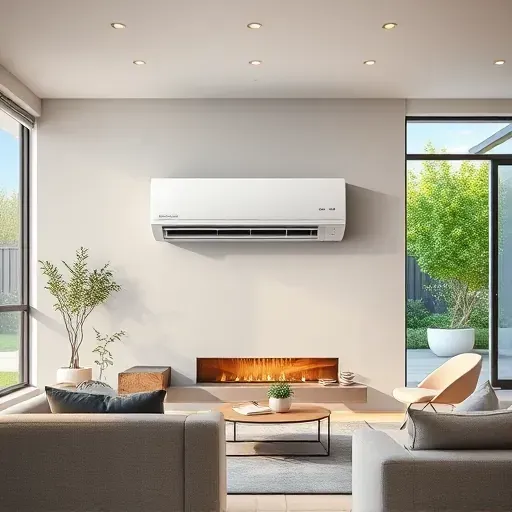 Seamless ductless air conditioning unit installed on a modern wall in a stylish living room with garden view and soft lighting