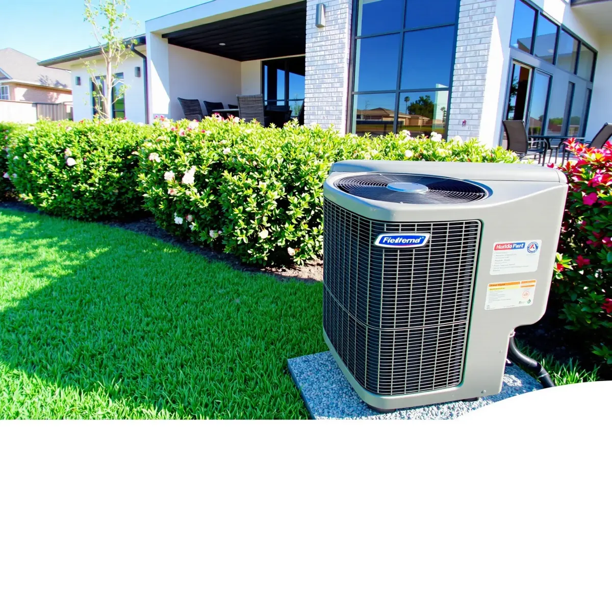 Detailed scene of a White Settlement, TX backyard with an open air conditioner unit, tools, and refrigerant, on a sunny day.