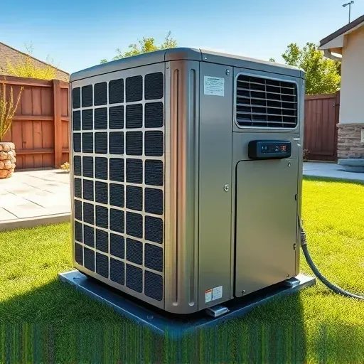 Repaired outdoor high-efficiency air conditioning unit with digital controls in a tidy backyard with green grass and blue sky