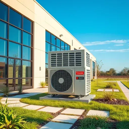 Freshly serviced outdoor commercial air conditioning unit in North Richland Hills, TX, with landscaped surroundings and clear blue sky.
