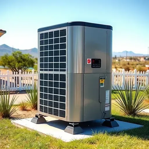 Outdoor modern air conditioning unit in Horseshoe Bend, TX, on a clean concrete pad amid Texas landscape.