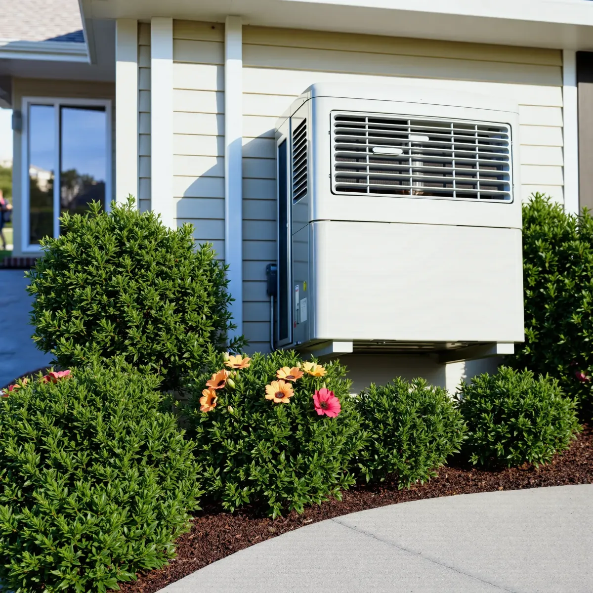 Modern outdoor AC unit installed on a suburban lawn in Watauga, TX, showcasing sleek design, vents, and brand branding.