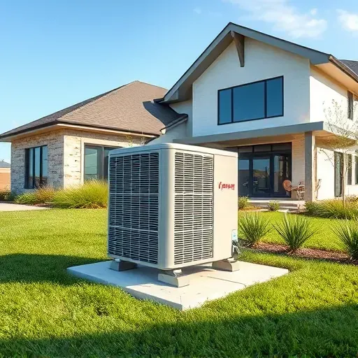 Outside modern Lake Dallas home, a clean metallic air conditioning unit on a concrete pad amid lush landscaping.