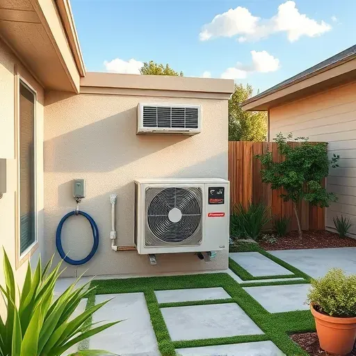 Repaired high-efficiency air conditioning unit on exterior wall in a landscaped Texas backyard with clear sky light.