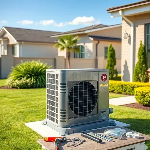 Completed outdoor air conditioning repair with modern HVAC unit and tools outside a tidy residential yard in Crowley TX