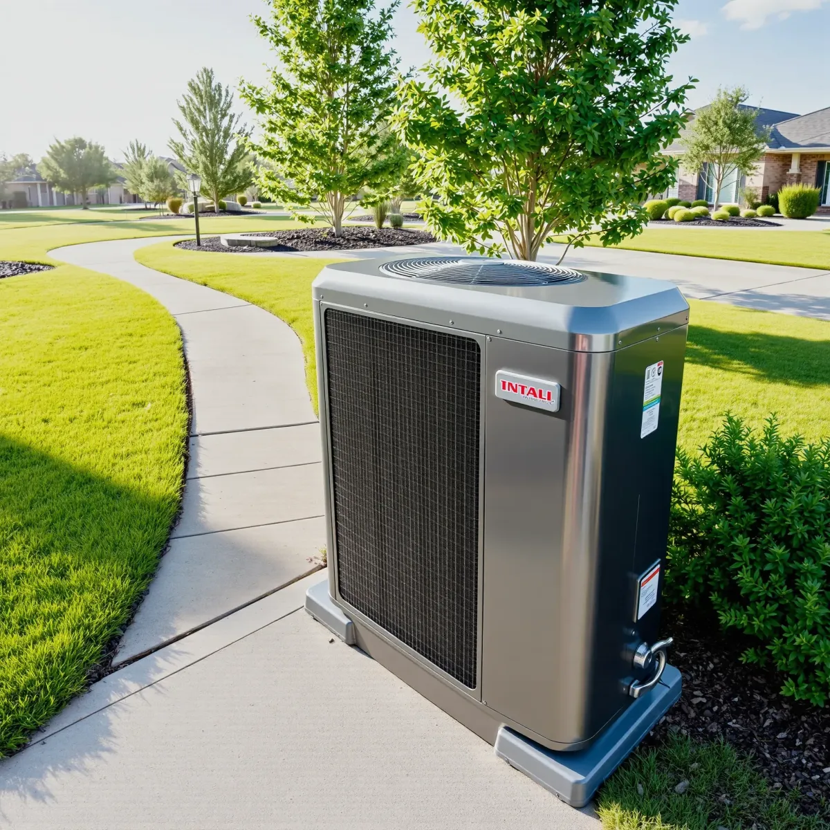 HVAC system installed outdoors in Argyle, TX, featuring a sleek metallic unit against a Texan landscape with blue sky.