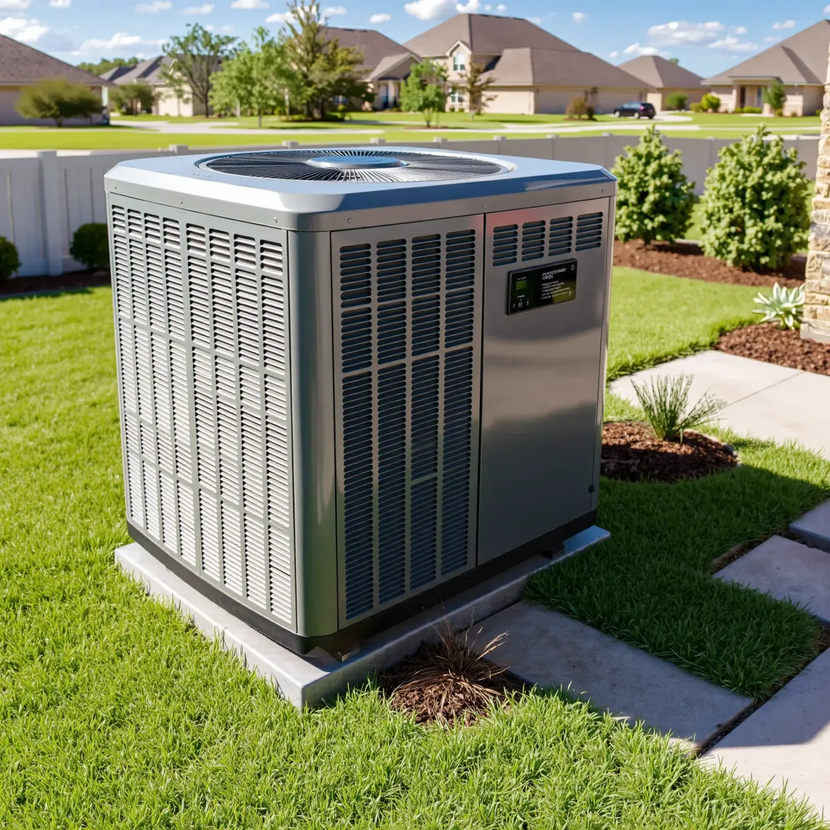 Modern outdoor air conditioning unit installed in a Texas backyard with metal surfaces, vents, digital controls, and neighborhood background.