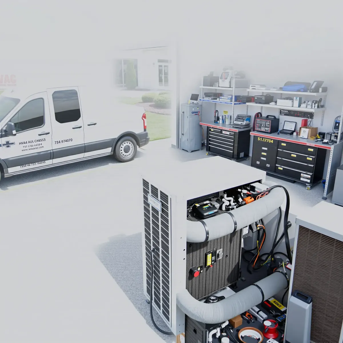 Air conditioning repair scene in Rendon, TX with a modern outdoor HVAC unit, repair tools, and suburban background.
