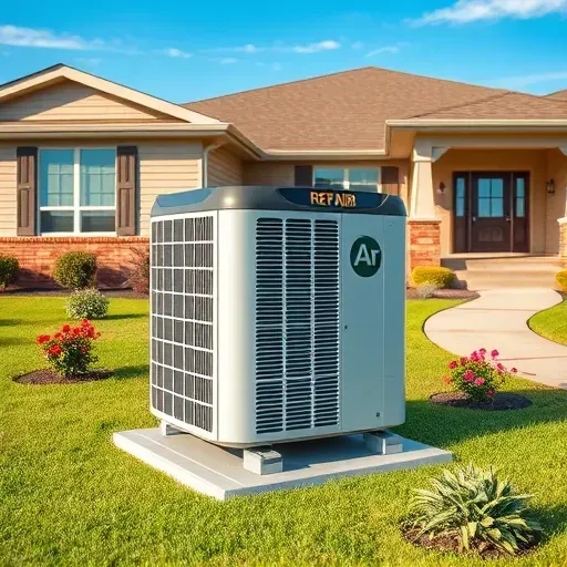 Freshly repaired outdoor air conditioning unit in Horseshoe Bend TX with landscaped yard, sunny sky, and suburban home background