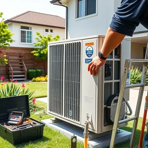 Professional outdoor air conditioning repair scene in Shady Shores, TX, showing a technician's hands, tools, lush backyard, and equipment.