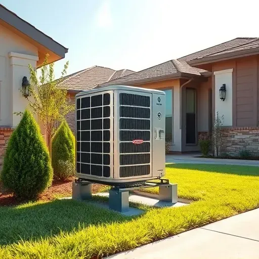 Modern residential air conditioning unit installed outside a suburban home in Justin, TX, with lush greenery and sunlight.