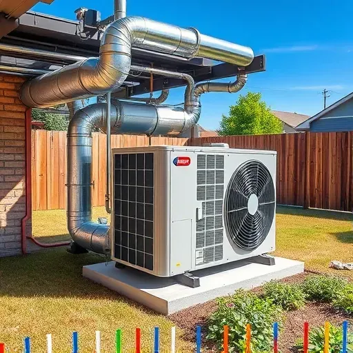 Outdoor HVAC system with modern ductwork and sleek AC unit in a suburban backyard, showcasing quality craftsmanship.