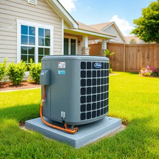 Freshly repaired air conditioning unit in Shady Shores TX, set in a tidy backyard with green grass and landscaping.